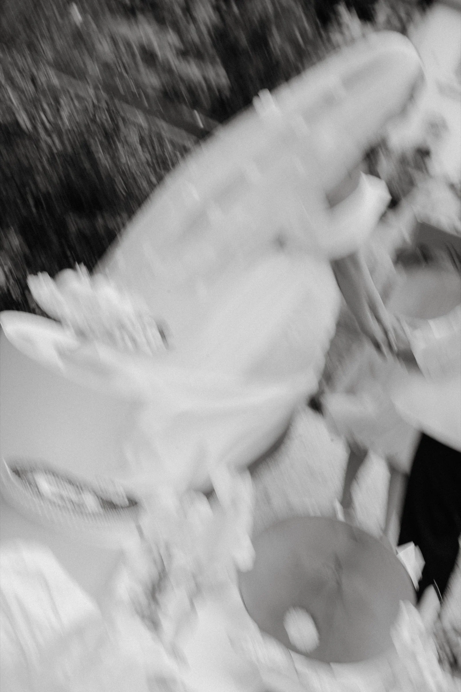 Black and white close-up of flowers and ceremony details out of focus